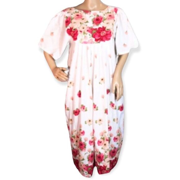 Vintage Rose Print 50s Style Housedress Possibly Handmade Bib Collar M/L? - Picture 1 of 10